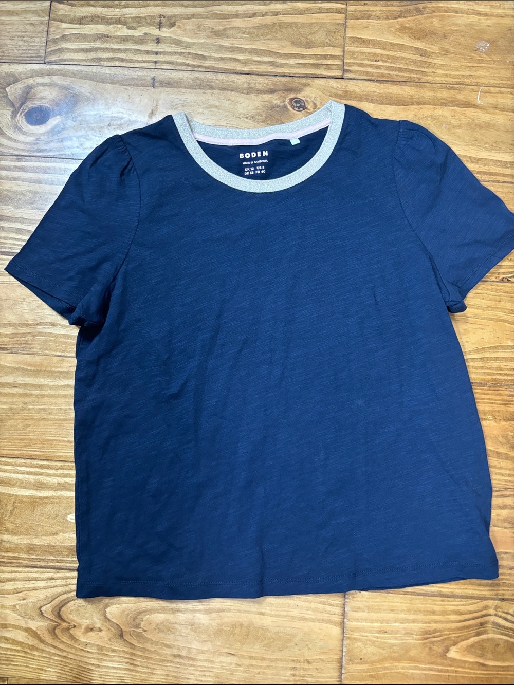 Boden Women’s Size 8 Navy Blue Top with Gold Sparkle Neckline